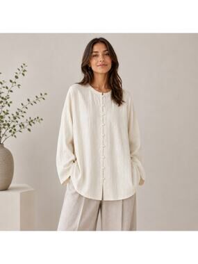 Eileen Fisher SZ S Oversized 100% Silk Crinkle Button Front Shirt Jacket Cream